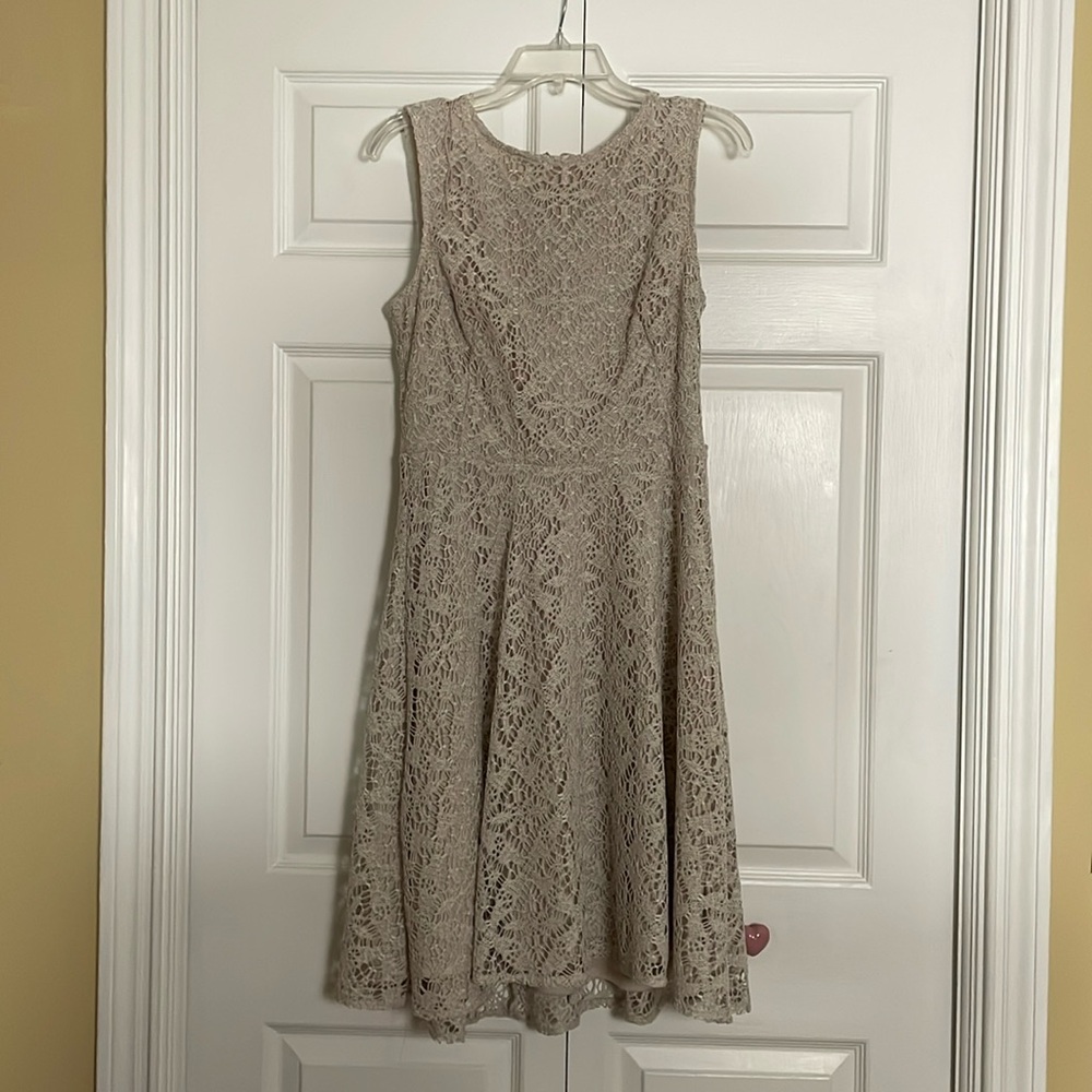 Cream knit-overlay A-line midi dress